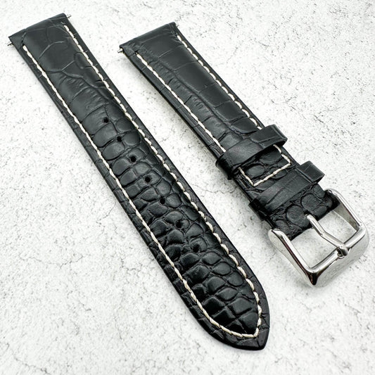 Alligator Grain Embossed Leather Watch Strap In Black 1