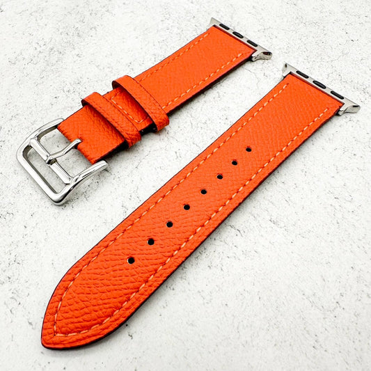 Genuine Leather Watch Band For Apple Watch With Stainless Steel Vintage Buckle In Orange 2