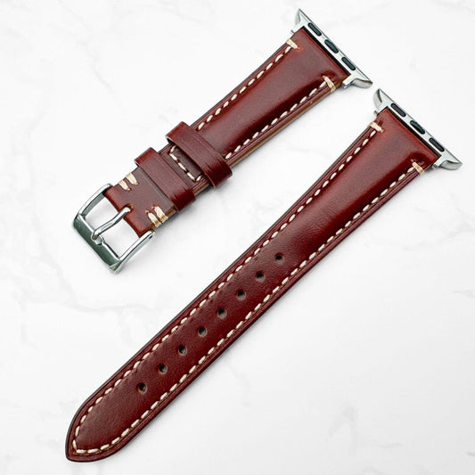 Italian Waxed Leather Watch Strap For Apple Watch In Red Brown 2