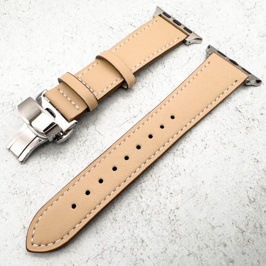 Leather Apple Watch Strap In Cream With Butterfly Clasp 2
