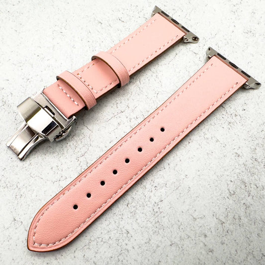 Leather Apple Watch Strap In Pink With Butterfly Clasp 2