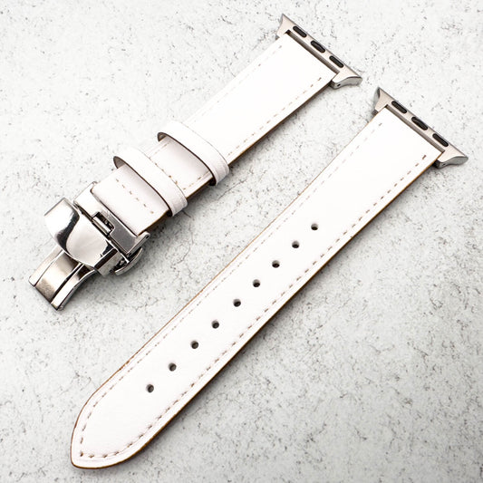 Leather Apple Watch Strap In White With Butterfly Clasp 2