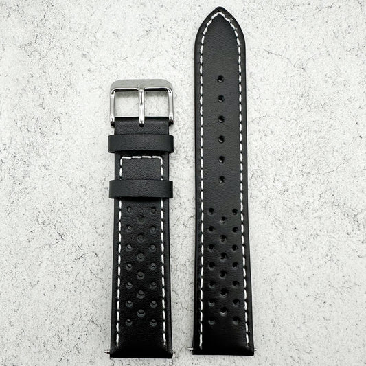 Rally Sports Olympic Themed Perforated Leather Watch Strap 18mm 20mm 22mm Black 2
