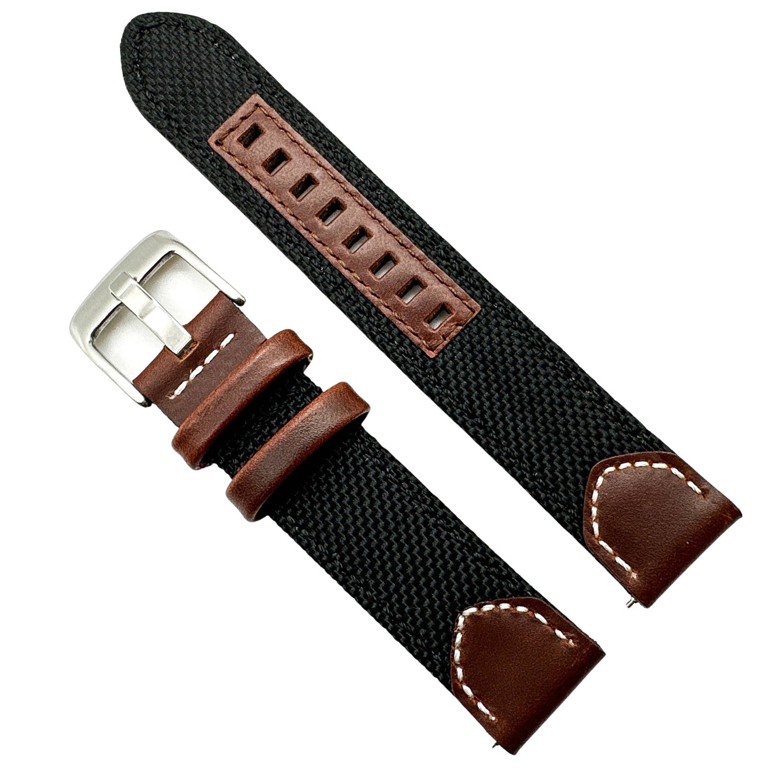 Sailcloth Nylon Leather Hybrid Watch Strap BLACK 20 22 24 mm
