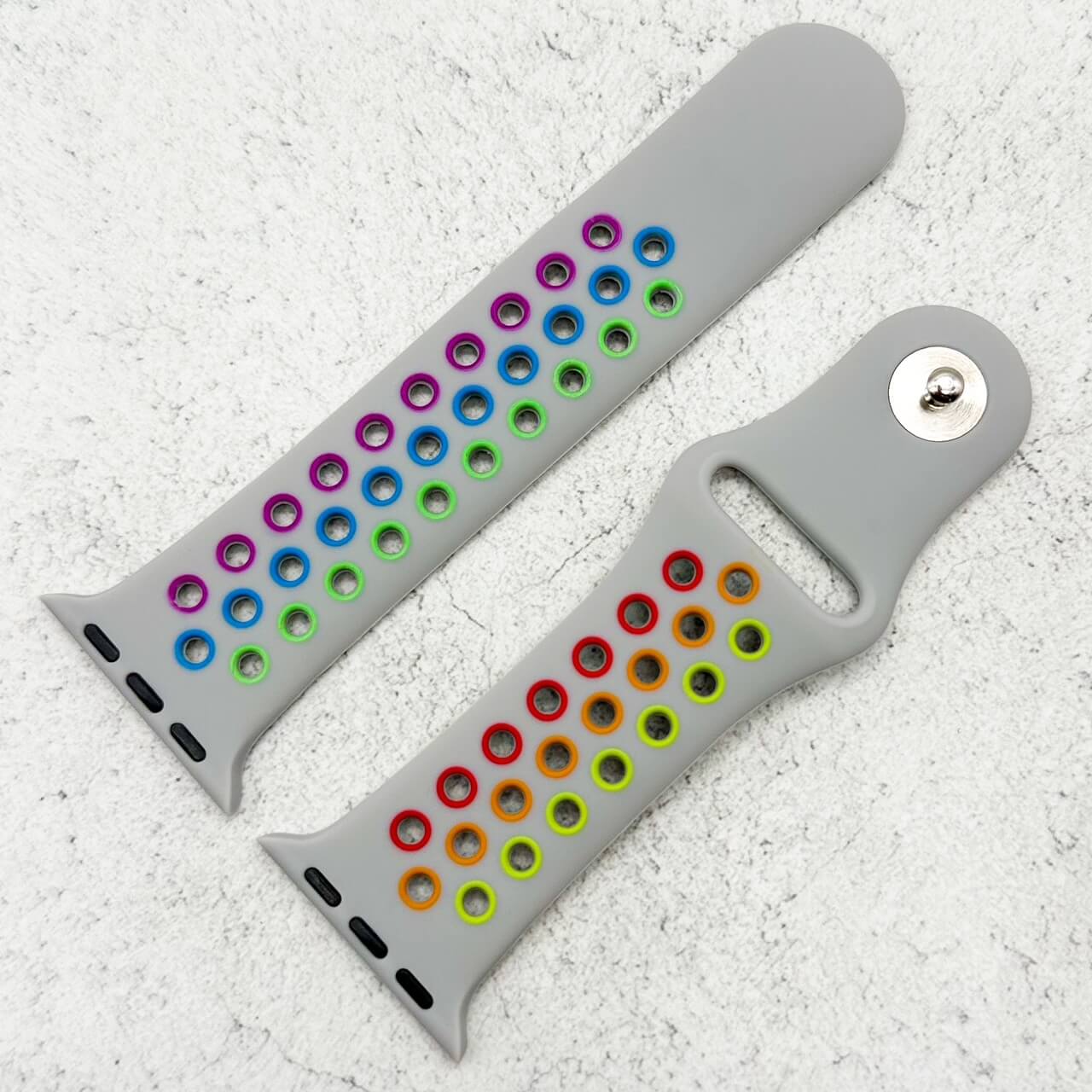 Silicone Sport Watch Band For Apple Watch In Grey And Rainbow 2