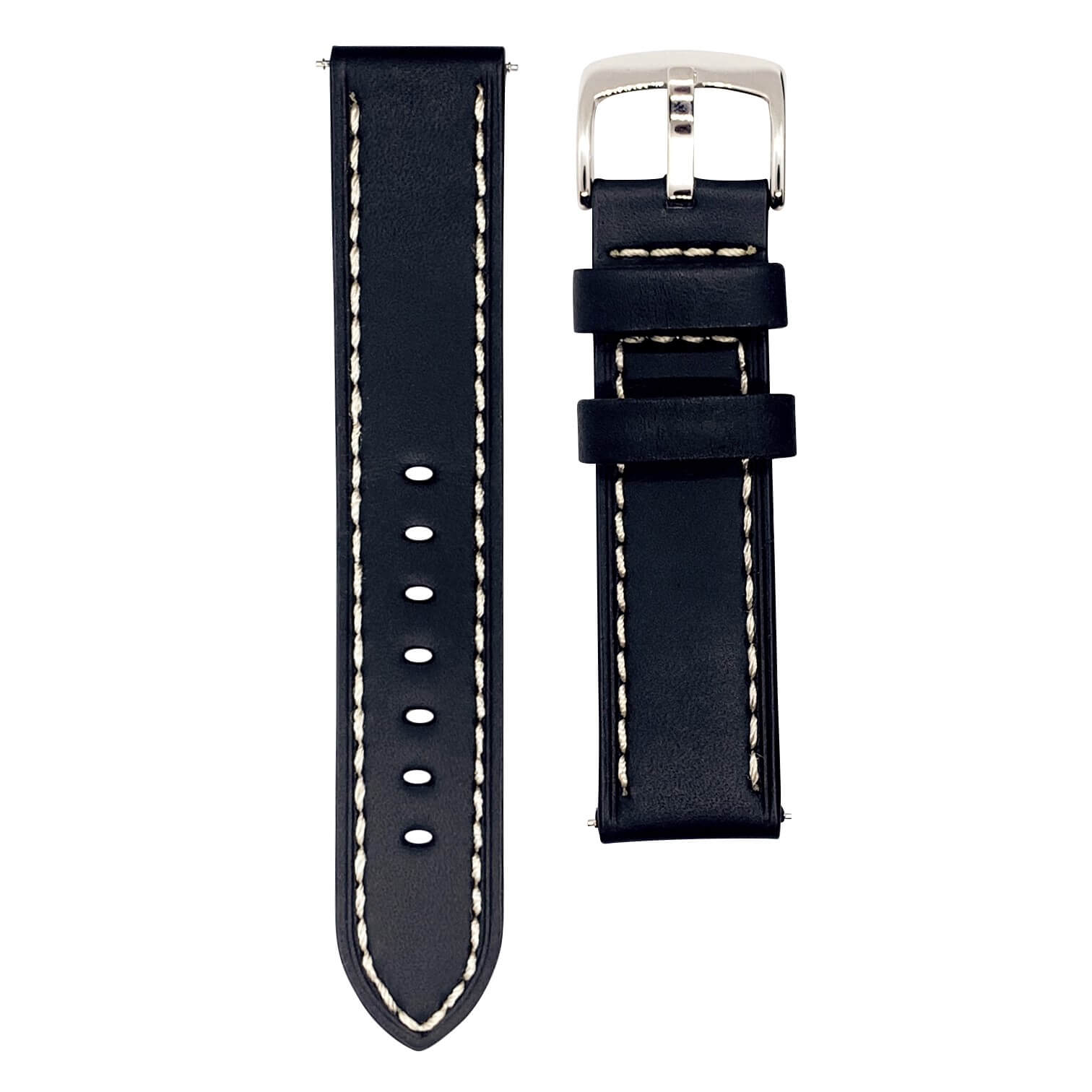 Smooth Grain Genuine Leather White Stitched Watch Strap BLACK 18 20 mm