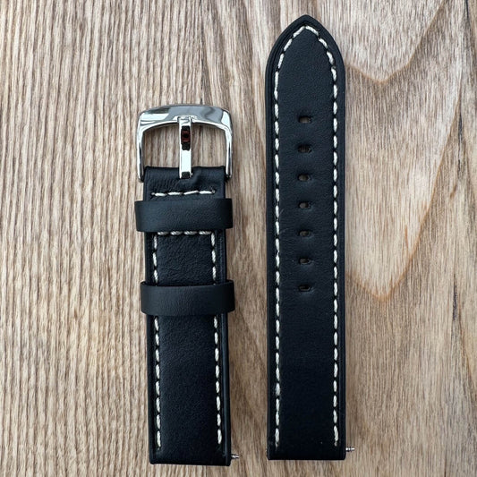 Smooth Grain Genuine Leather White Stitched Watch Strap Black 2