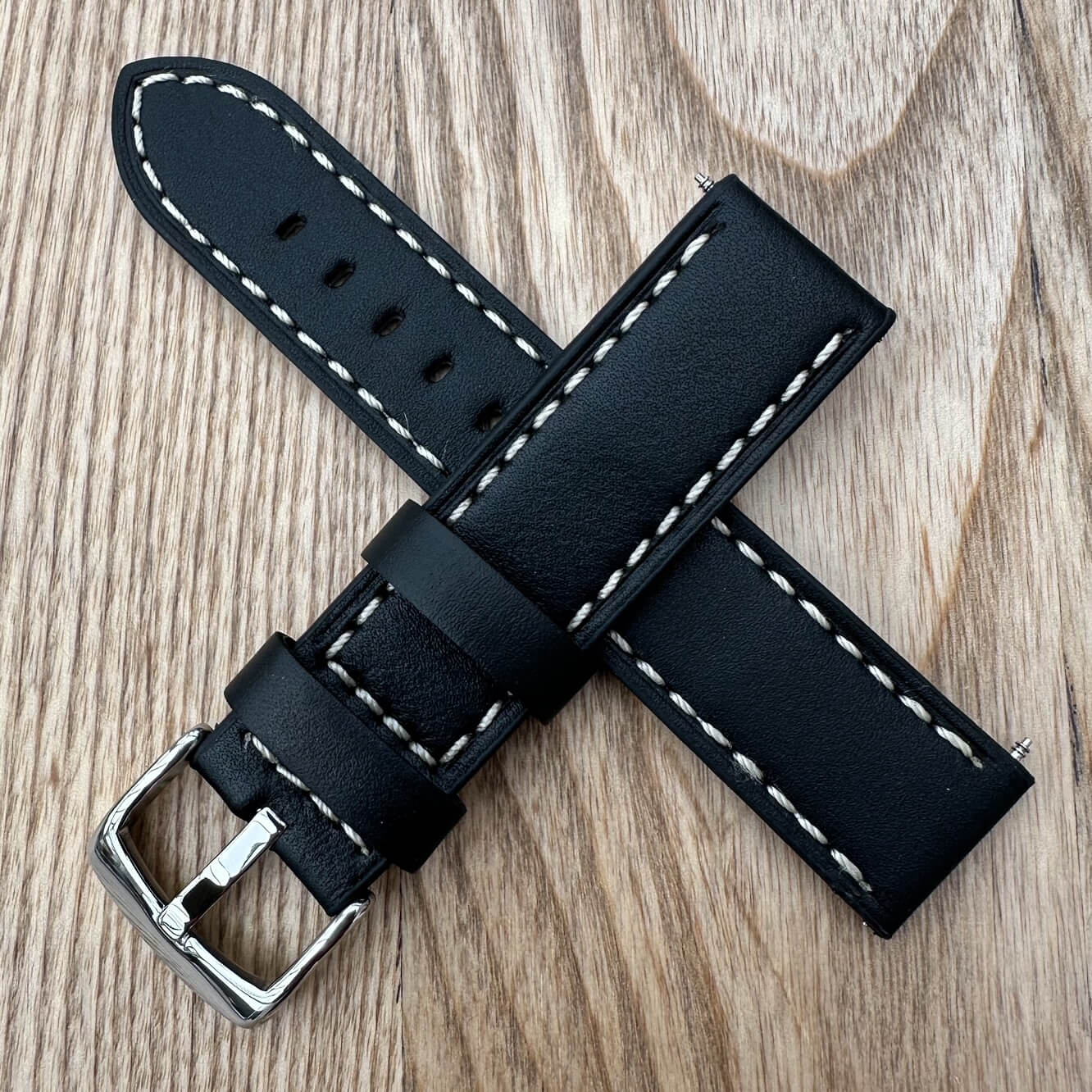 Smooth Grain Genuine Leather White Stitched Watch Strap Black 4