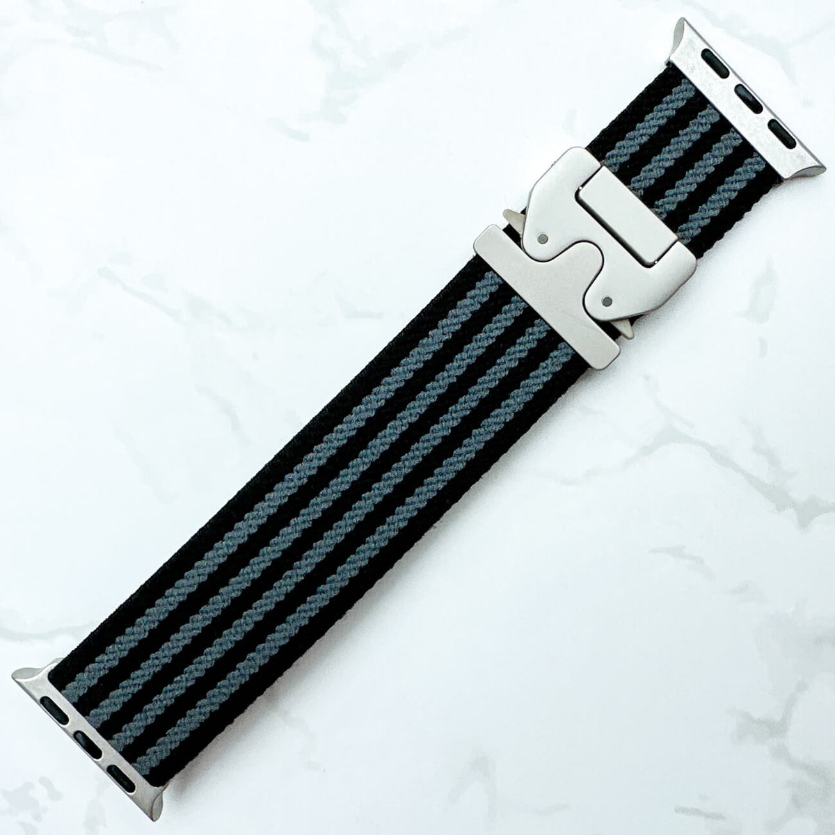 Braided Nylon Loop Band With Parachute Buckle For Apple Watch In Black & Grey Bond Spectre Style 2