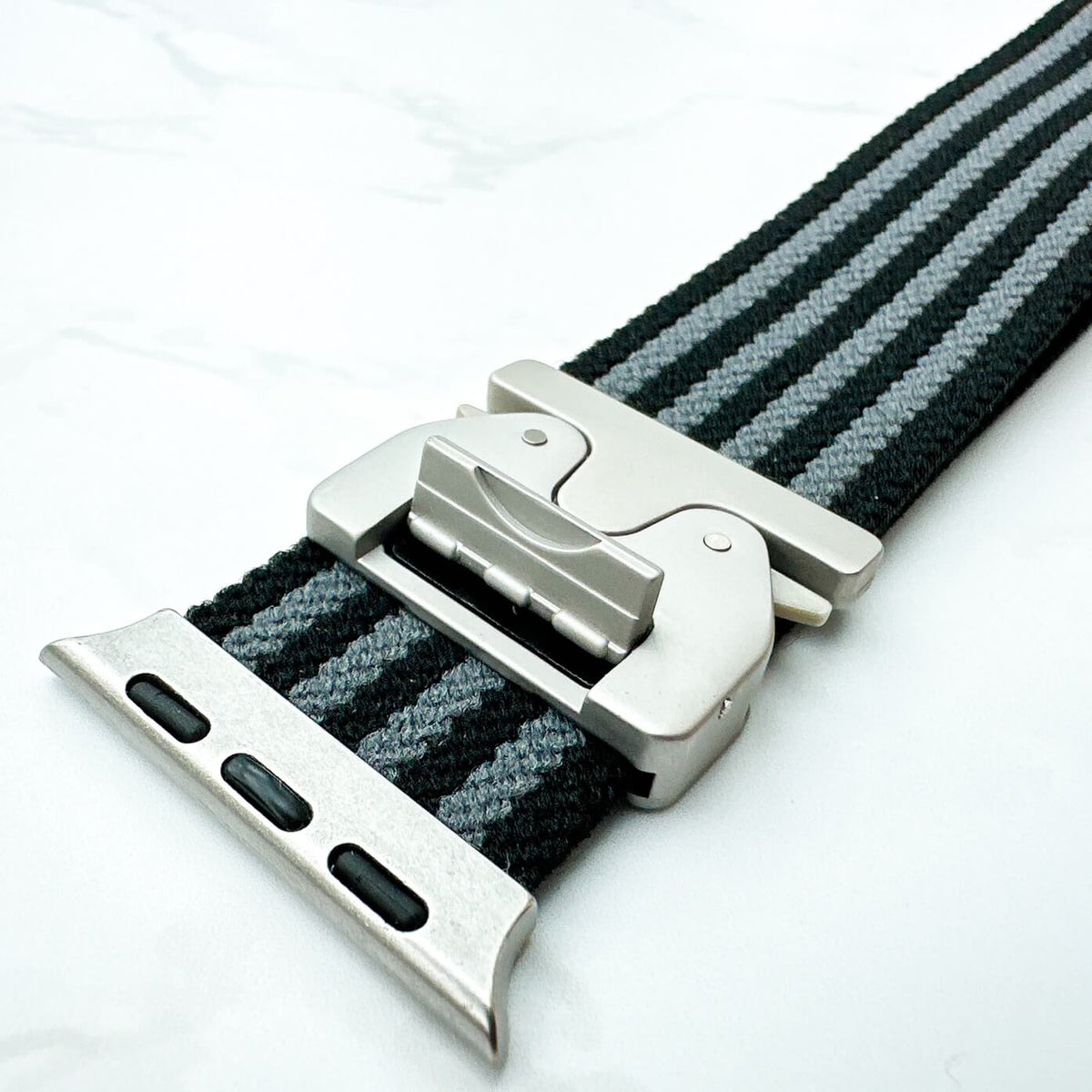 Braided Nylon Loop Band With Parachute Buckle For Apple Watch In Black & Grey Bond Spectre Style 3