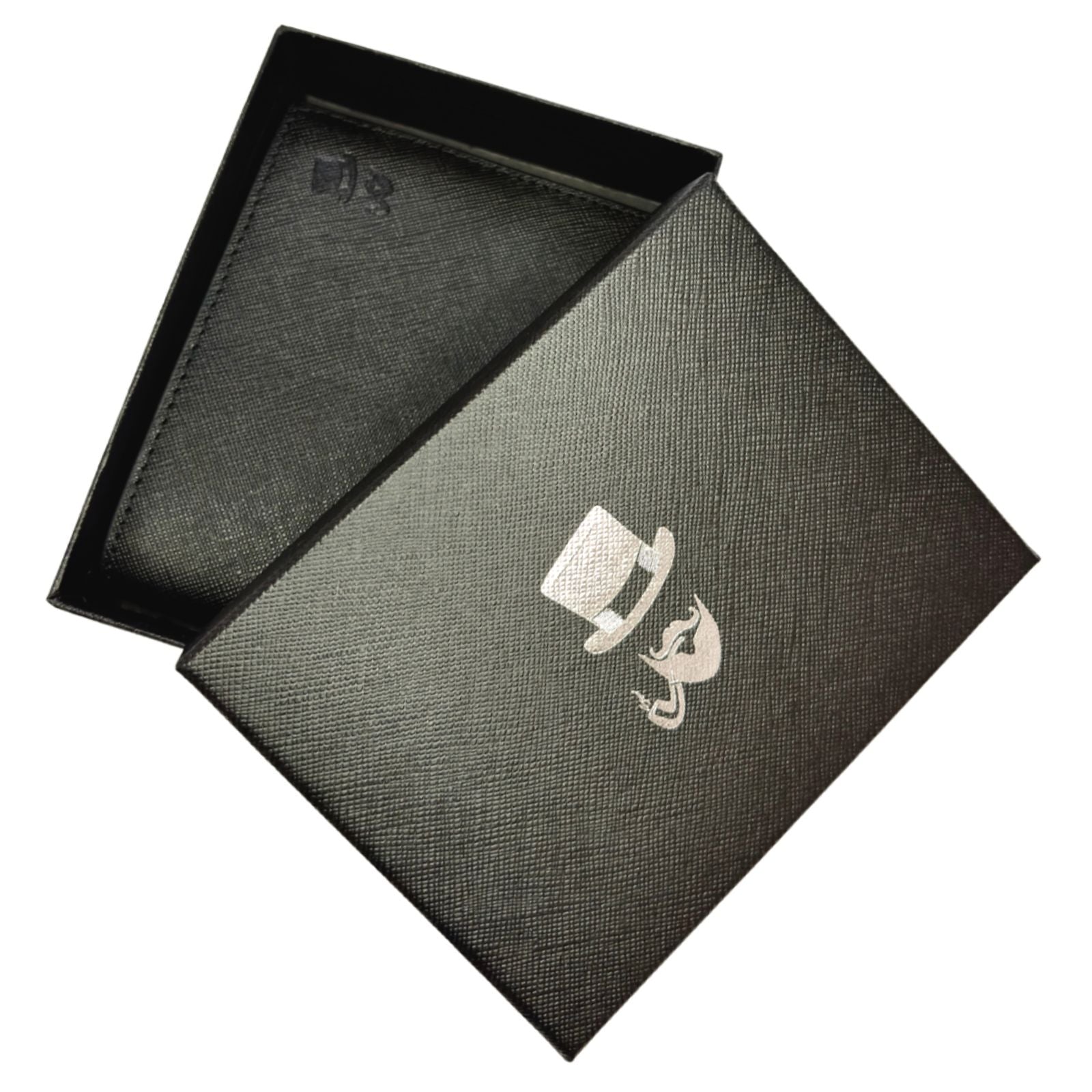 Black textured gift box for credit card holder wallet with silver The Thrifty Gentleman logo