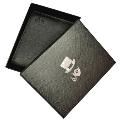 Black textured gift box for credit card holder wallet with silver The Thrifty Gentleman logo