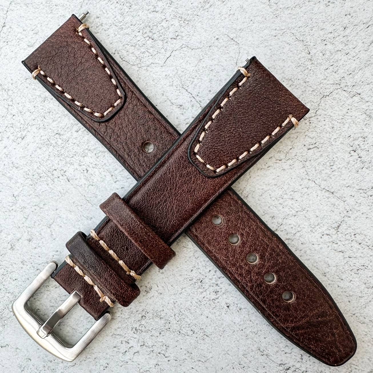 Genuine Leather Vintage Style Quick Release Watch Strap Dark Brown 3