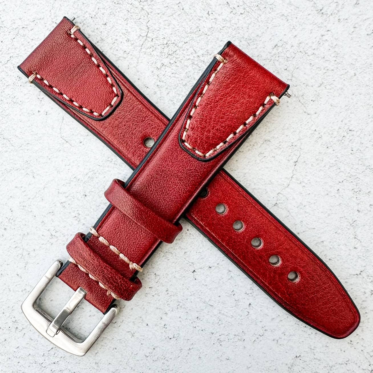 Genuine Leather Vintage Style Quick Release Watch Strap Red 3