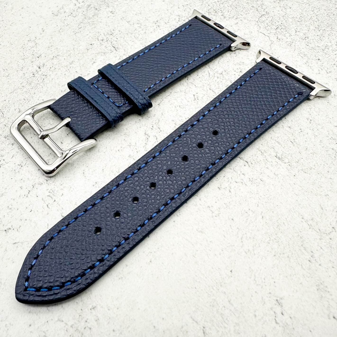 Genuine Leather Watch Band For Apple Watch With Stainless Steel Vintage Buckle In Ink Blue 2