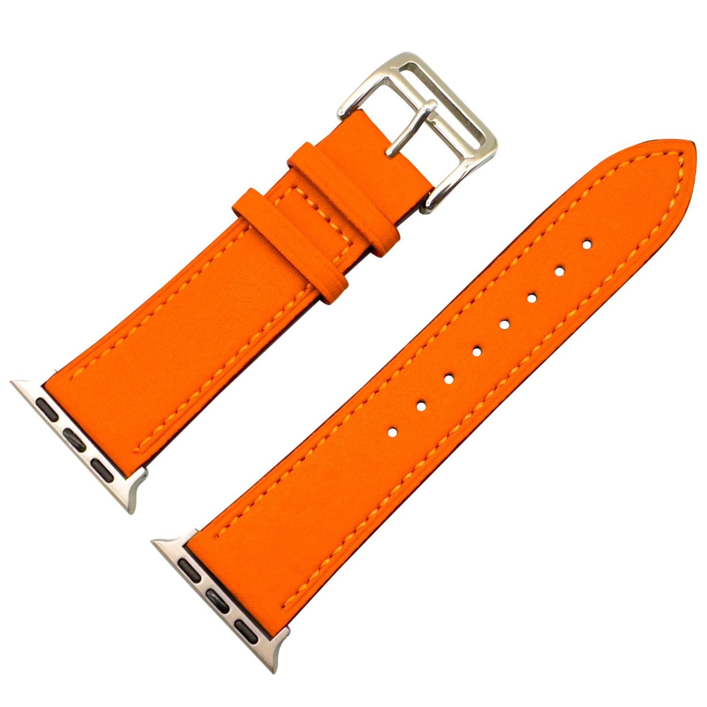 Genuine Leather Watch Band For Apple Watch With Stainless Steel Vintage Buckle In Orange 1