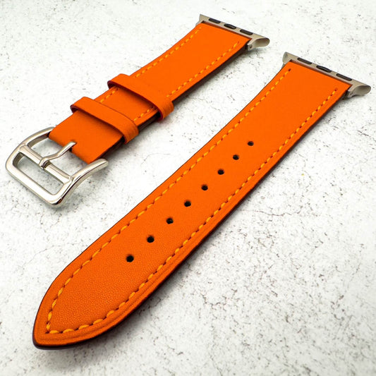 Genuine Leather Watch Band For Apple Watch With Stainless Steel Vintage Buckle In Orange 2