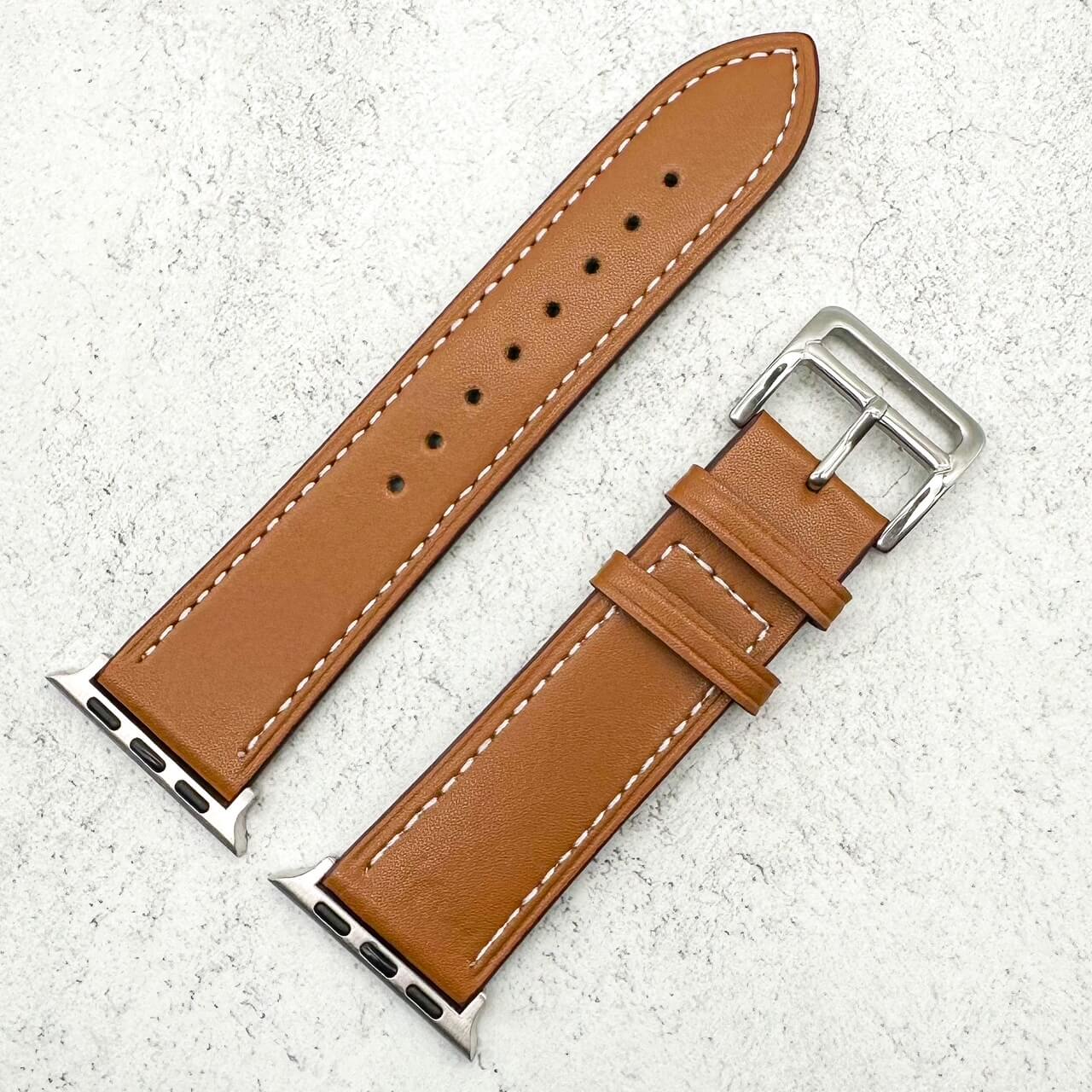 Genuine Leather Watch Band For Apple Watch With Stainless Steel Vintage Buckle In Tan Brown 4