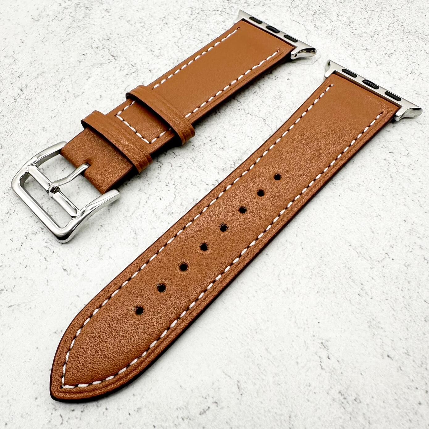 Genuine Leather Watch Band For Apple Watch With Stainless Steel Vintage Buckle In Tan Brown 2