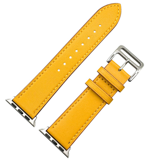 Genuine Leather Watch Band For Apple Watch With Stainless Steel Vintage Buckle In Amber Yellow 1