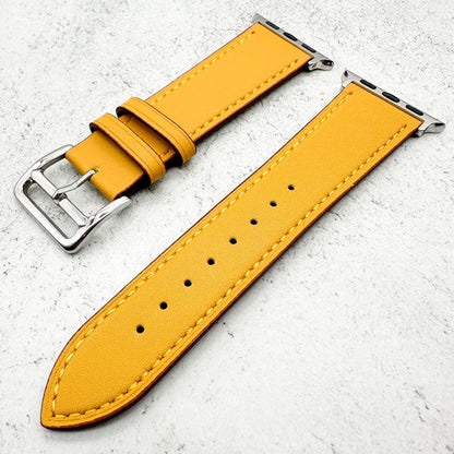 Genuine Leather Watch Band For Apple Watch With Stainless Steel Vintage Buckle In Amber Yellow 2