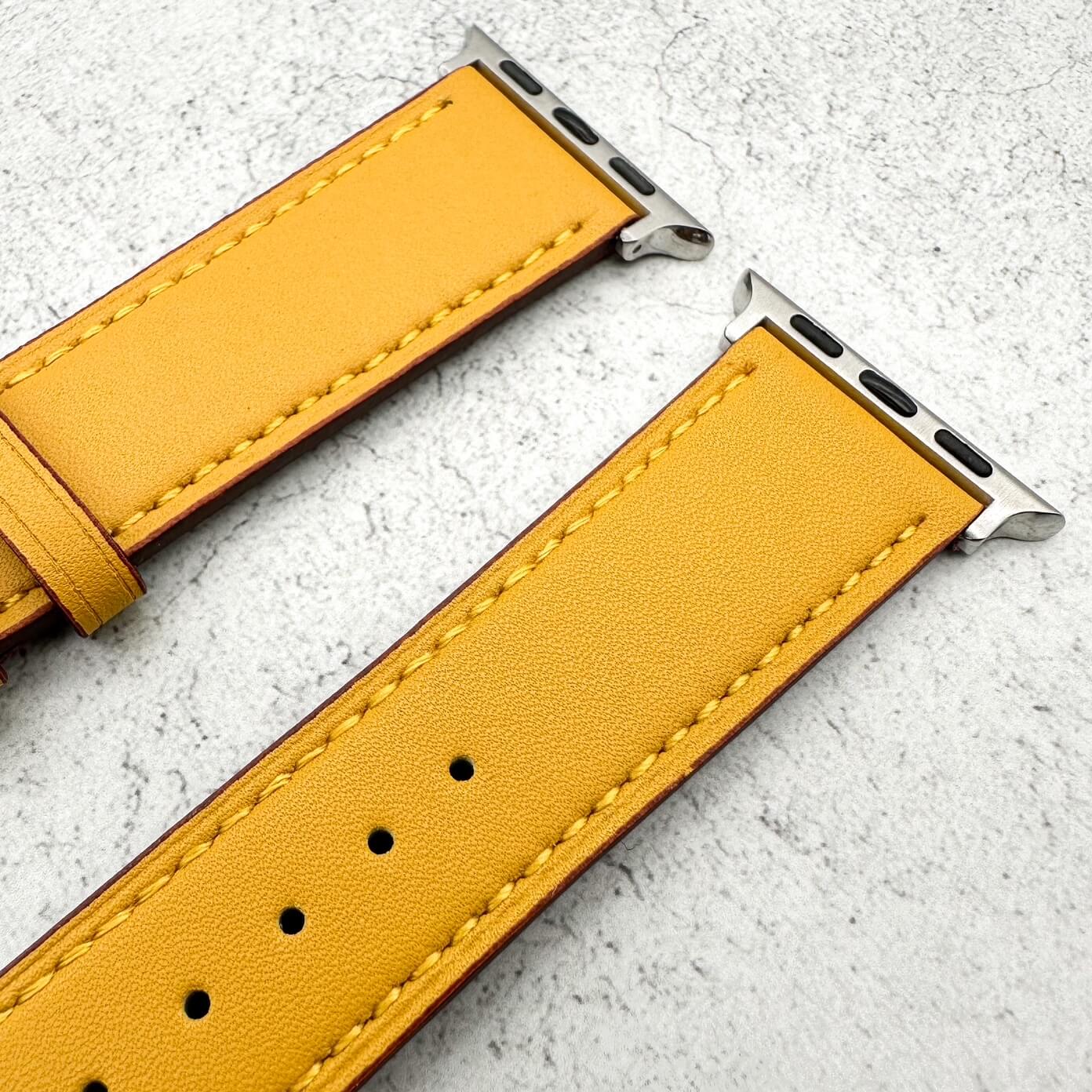 Genuine Leather Watch Band For Apple Watch With Stainless Steel Vintage Buckle In Amber Yellow 3