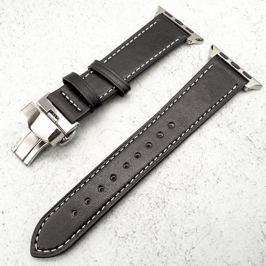 Leather Apple Watch Strap In Black With Butterfly Clasp 2