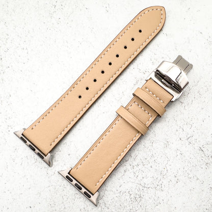Leather Apple Watch Strap In Cream With Butterfly Clasp 4