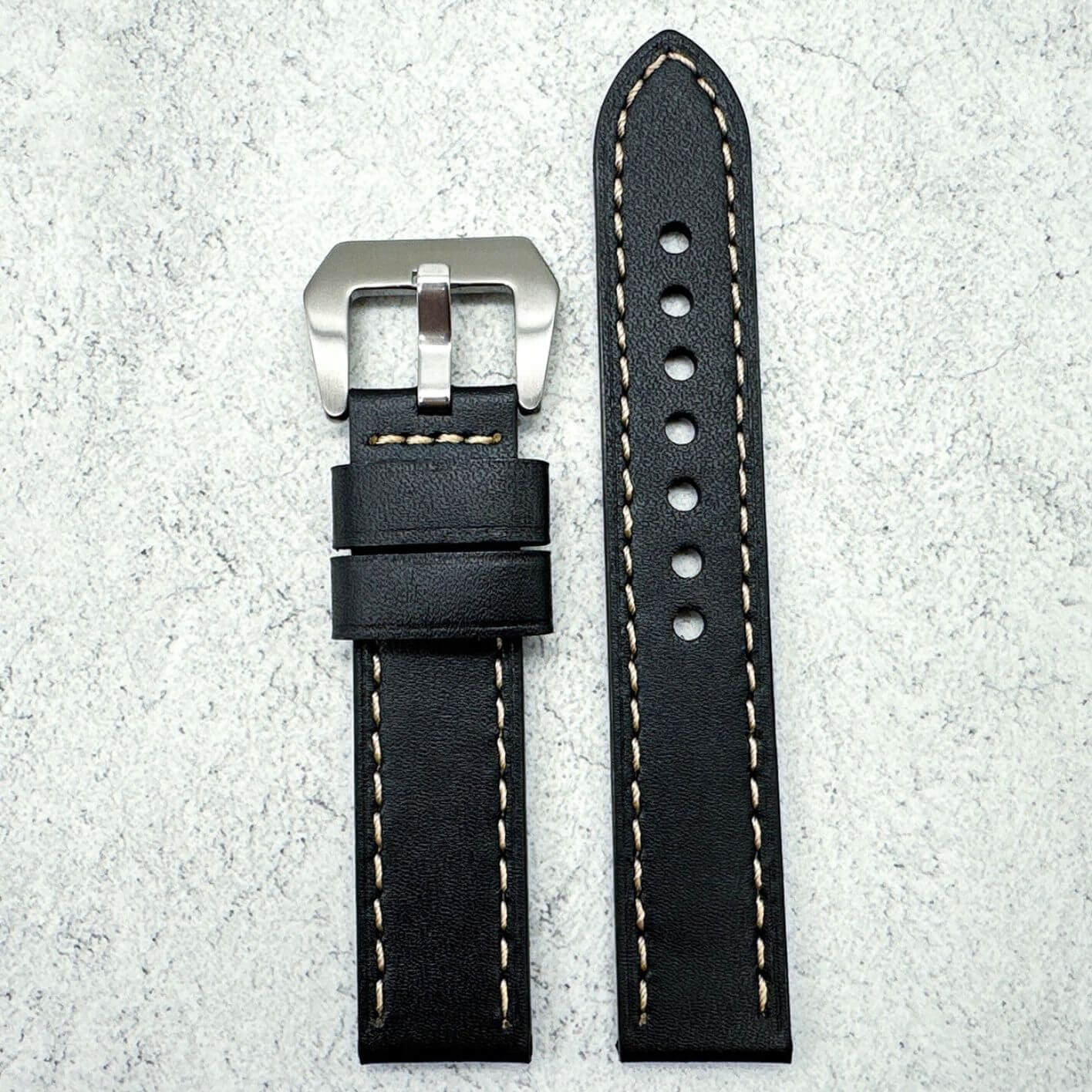 Genuine Leather Panerai Style Big Steel Buckle Watch Strap Black 2