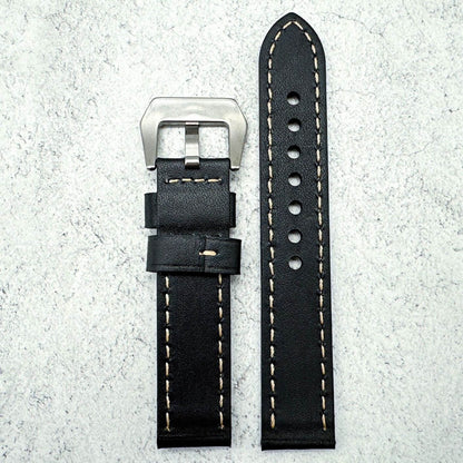 Genuine Leather Panerai Style Big Steel Buckle Watch Strap Black 3