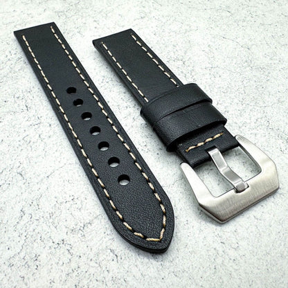 Genuine Leather Panerai Style Big Steel Buckle Watch Strap Black 4