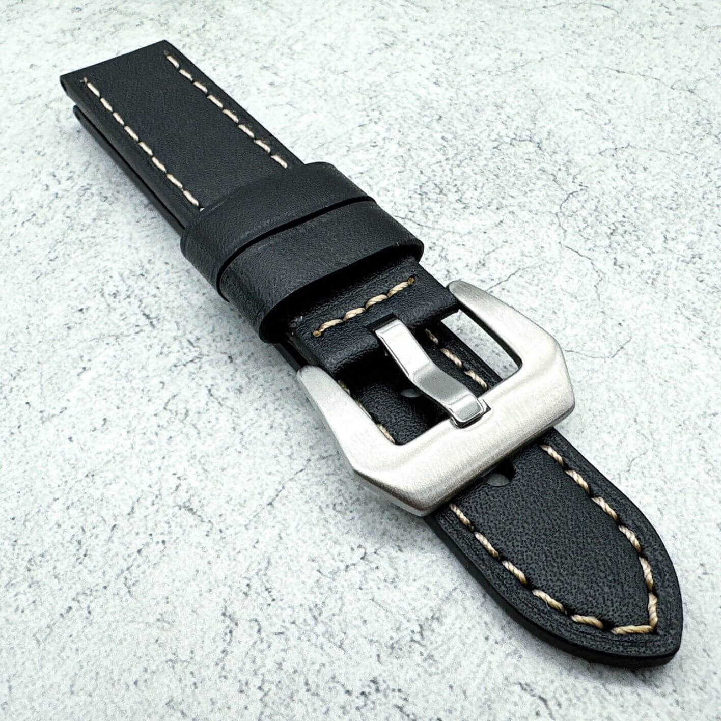 Genuine Leather Panerai Style Big Steel Buckle Watch Strap Black 5