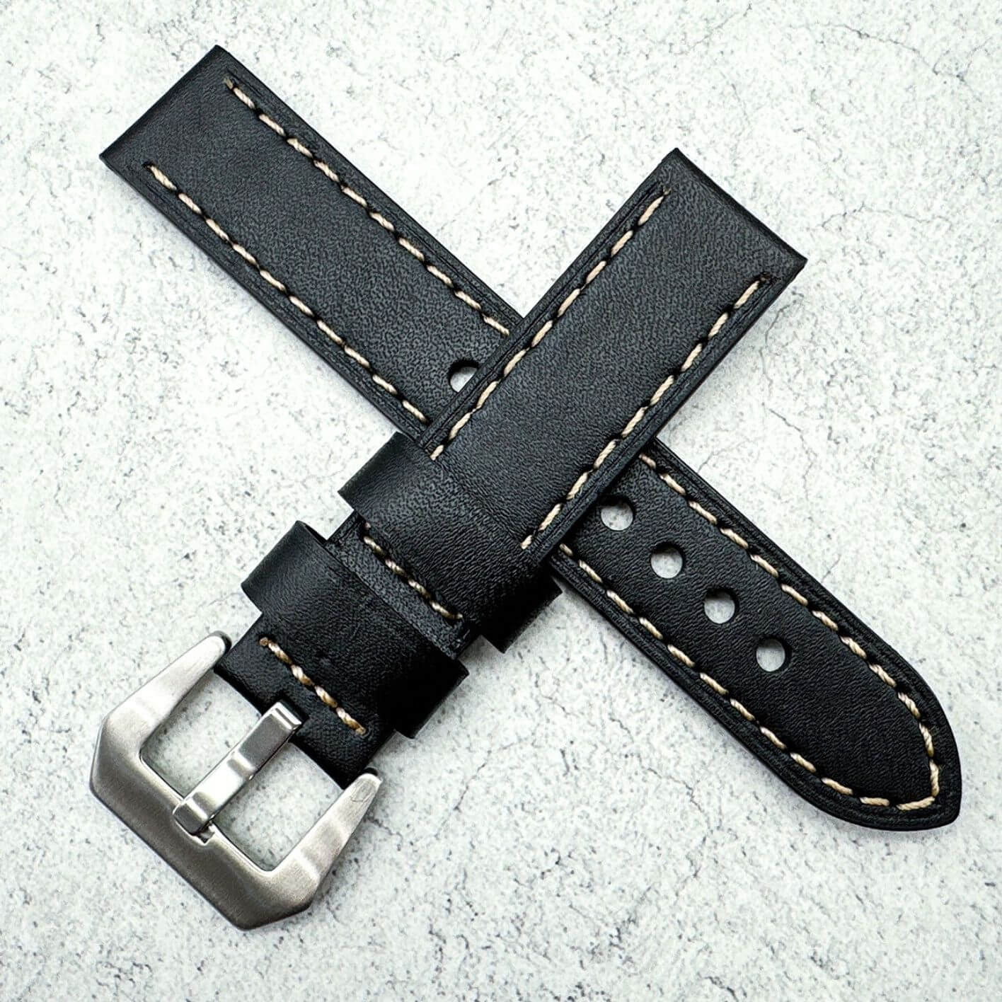 Genuine Leather Panerai Style Big Steel Buckle Watch Strap Black 6