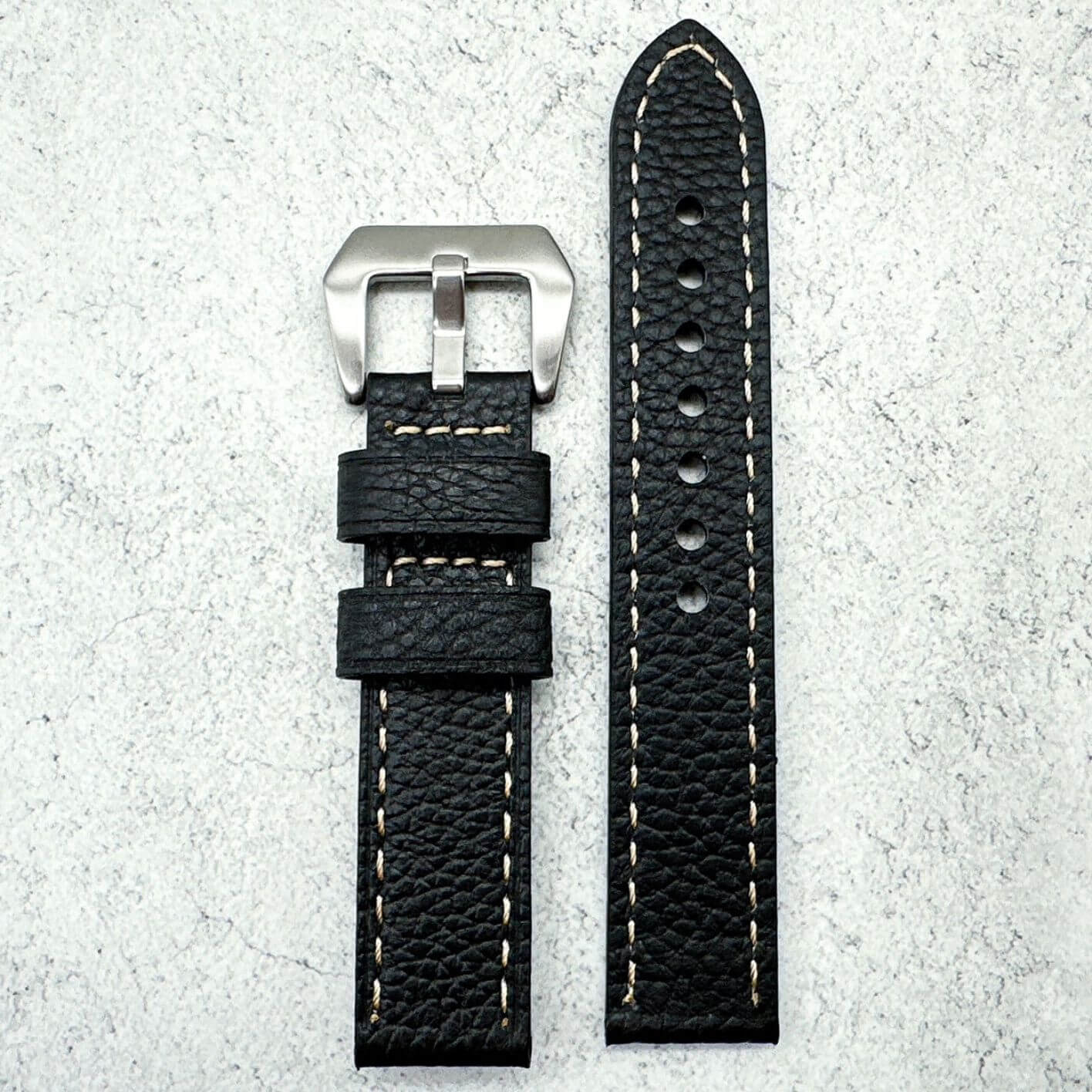 Genuine Leather Panerai Style Big Steel Buckle Watch Strap Textured Black 2