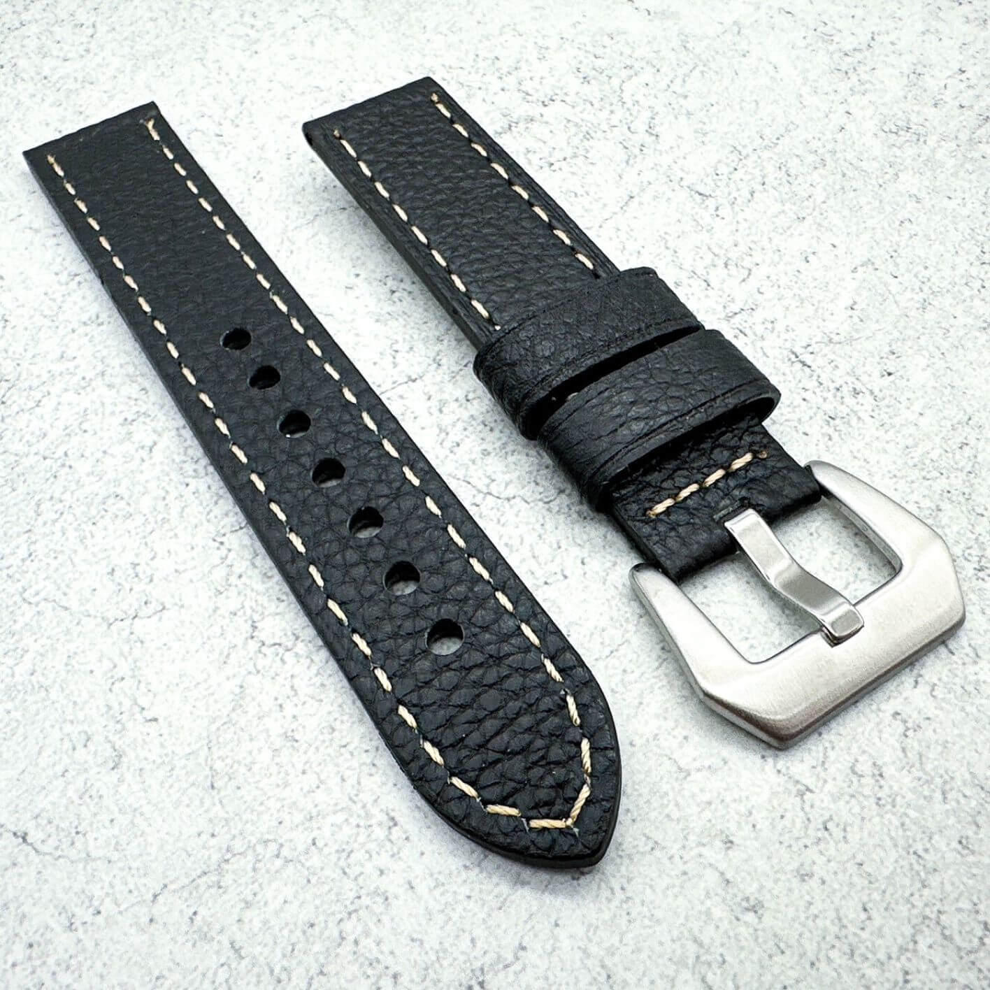 Genuine Leather Panerai Style Big Steel Buckle Watch Strap Textured Black 4