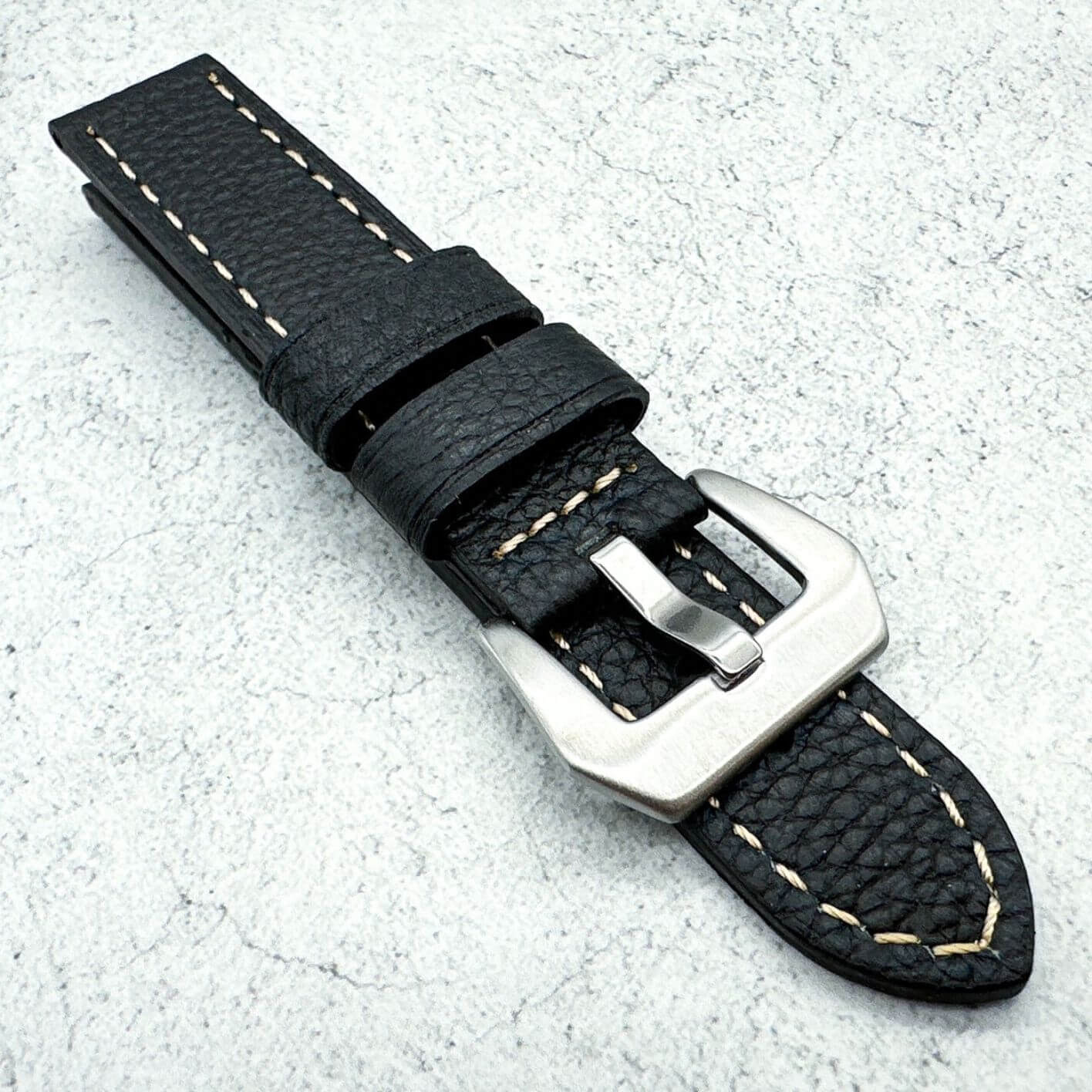 Genuine Leather Panerai Style Big Steel Buckle Watch Strap Textured Black 5