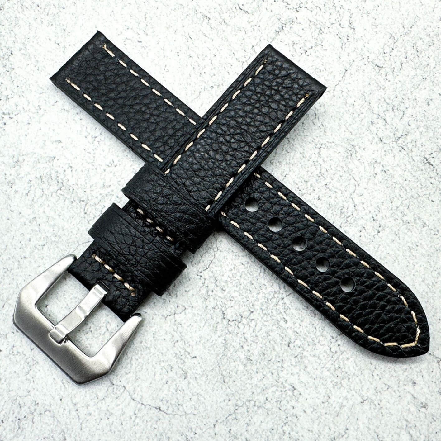 Genuine Leather Panerai Style Big Steel Buckle Watch Strap Textured Black 6