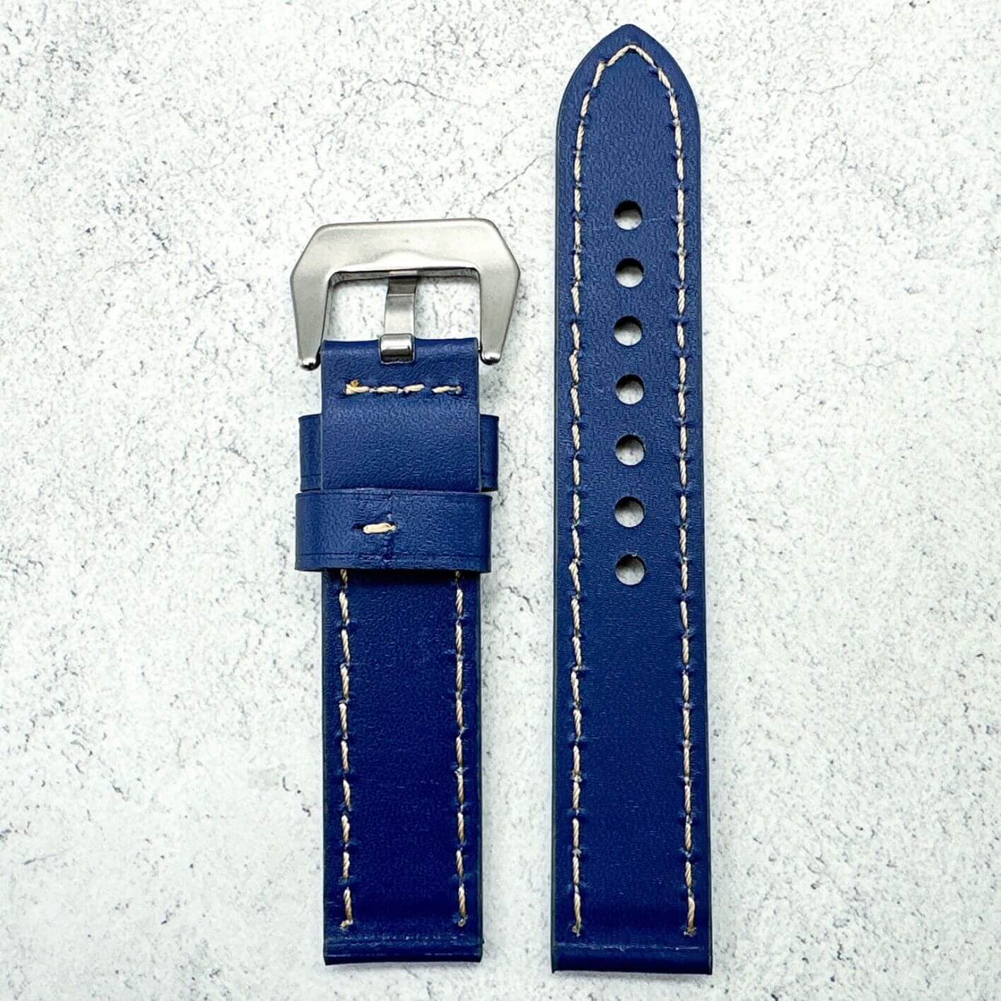 Genuine Leather Panerai Style Big Steel Buckle Watch Strap Blue 3