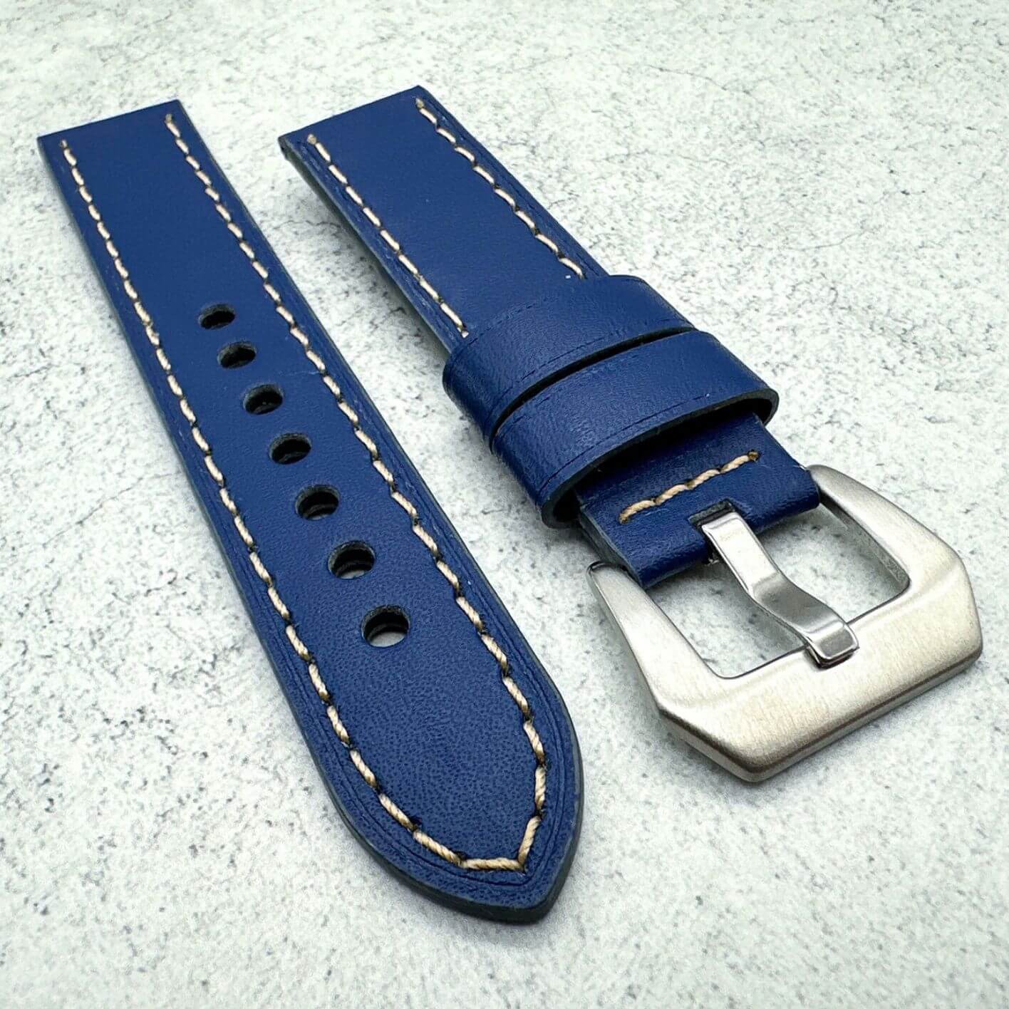 Genuine Leather Panerai Style Big Steel Buckle Watch Strap Blue 4