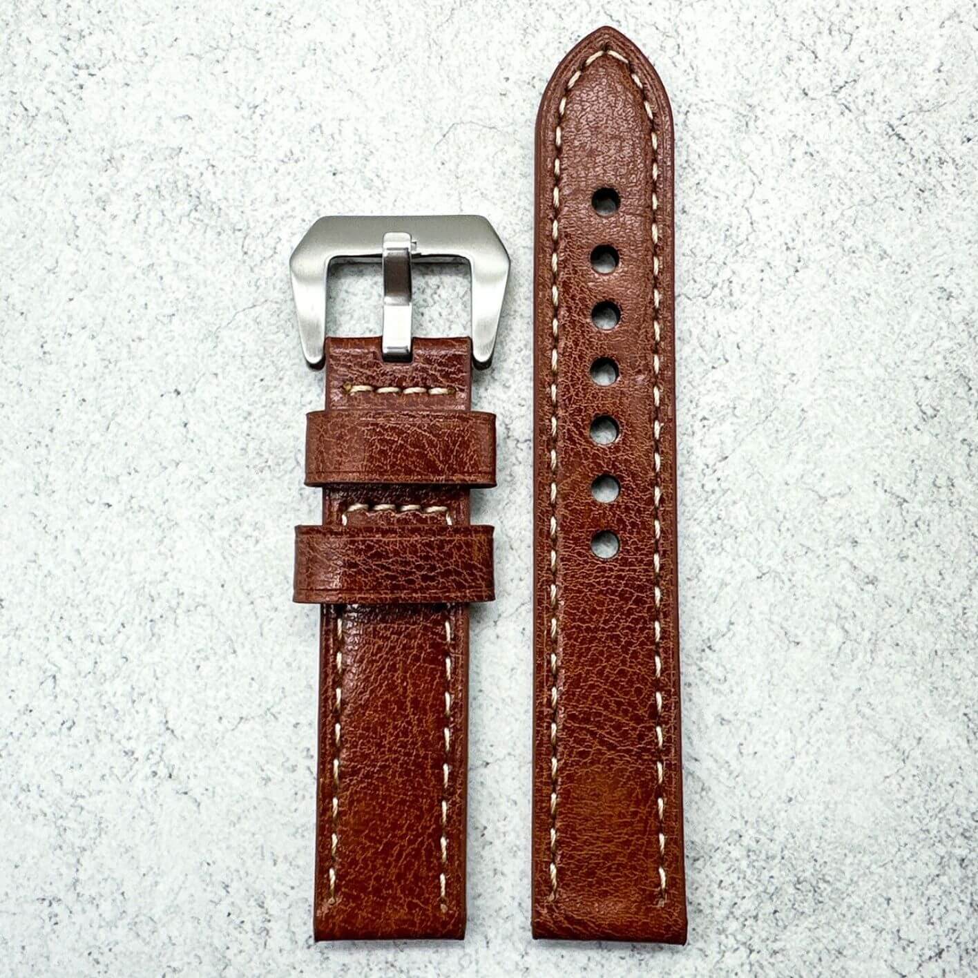 Genuine Leather Panerai Style Big Steel Buckle Watch Strap Red Brown 2