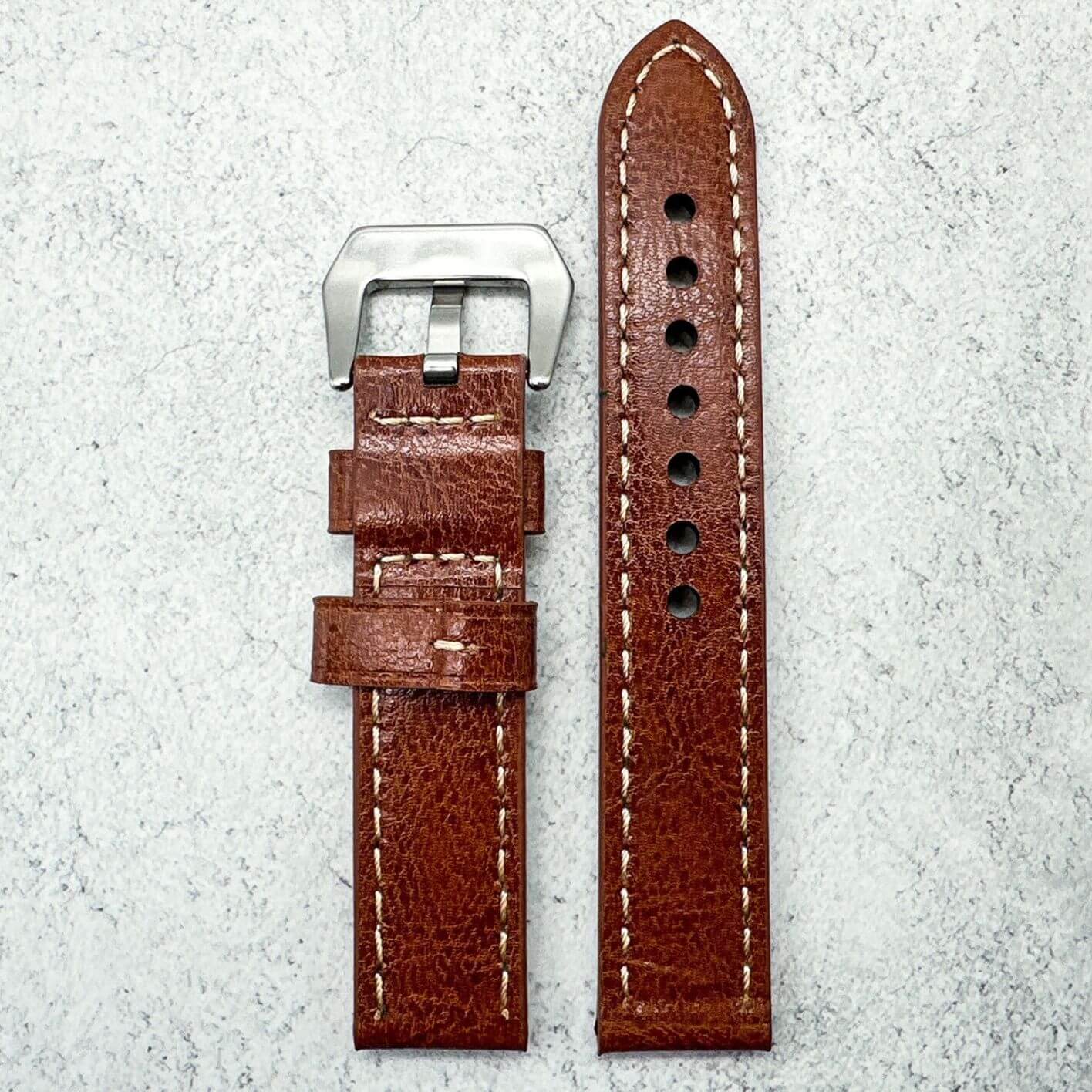 Genuine Leather Panerai Style Big Steel Buckle Watch Strap Red Brown 3