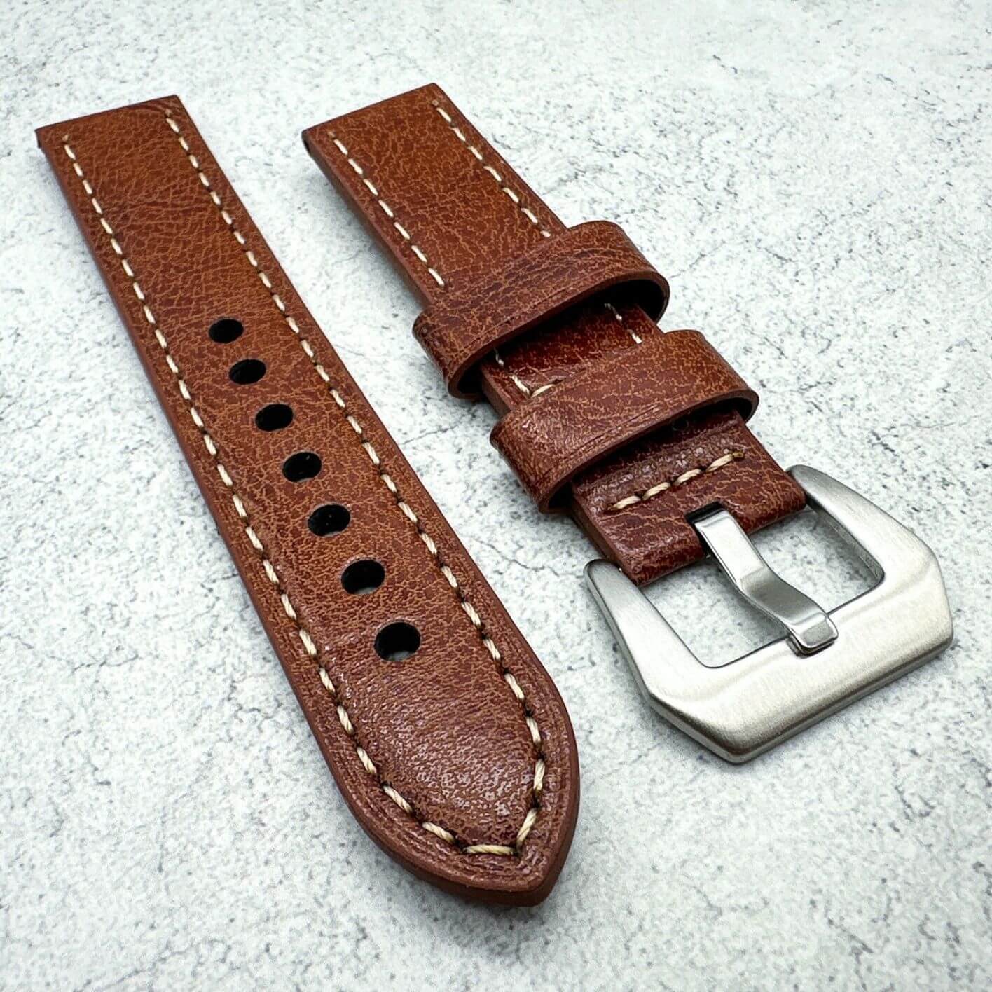 Genuine Leather Panerai Style Big Steel Buckle Watch Strap Red Brown 4