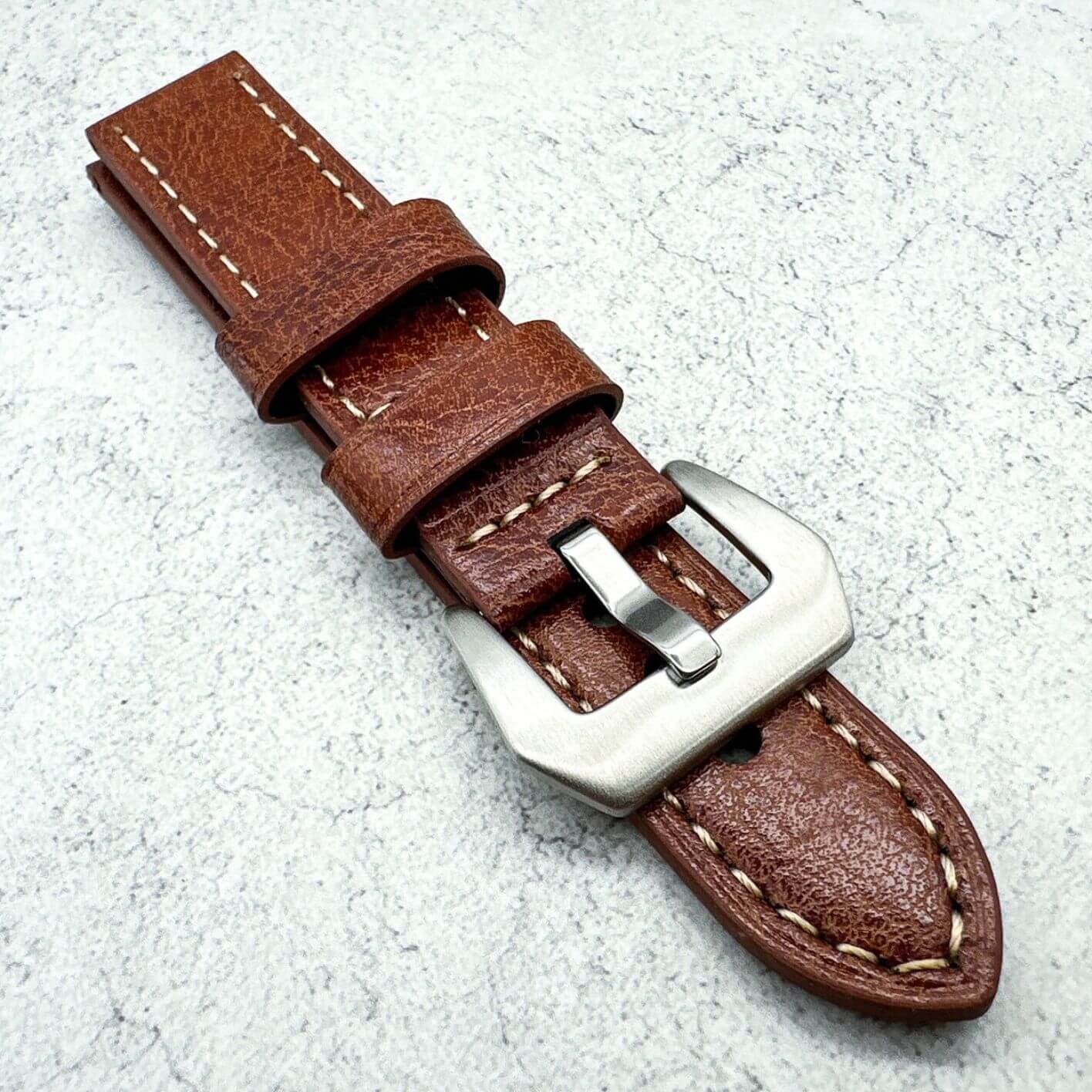 Genuine Leather Panerai Style Big Steel Buckle Watch Strap Red Brown 5