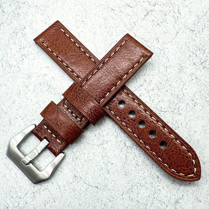 Genuine Leather Panerai Style Big Steel Buckle Watch Strap Red Brown 6