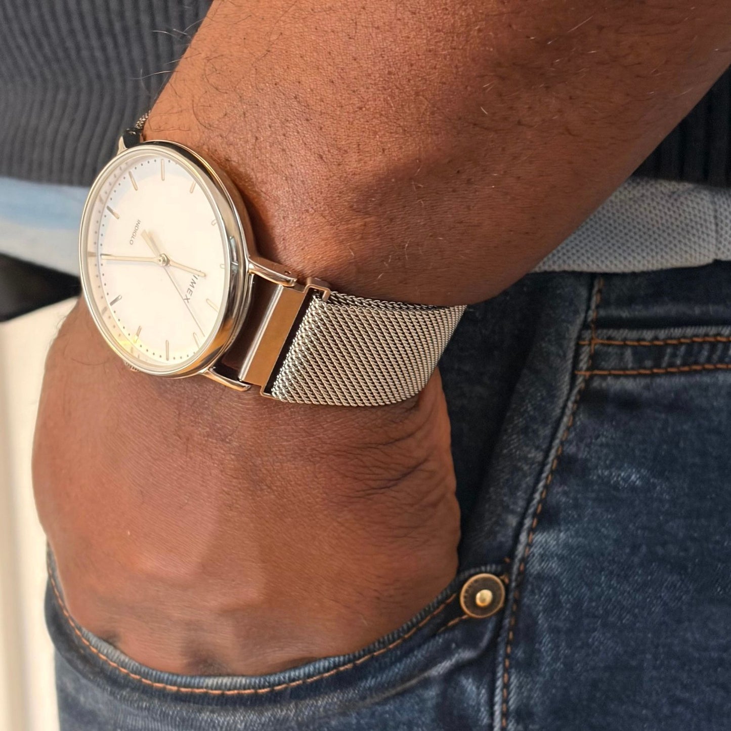 Man Wearing Milanese Mesh Magnetic Strap With Hand In Pocket