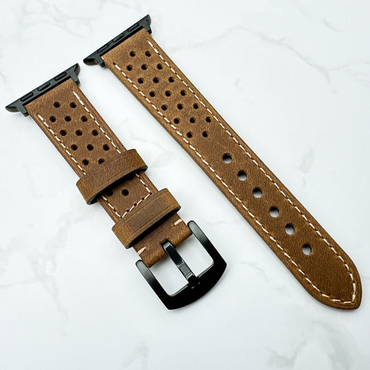 Rally Racing Leather Watch Strap For Apple Watch In Coffee Brown 2