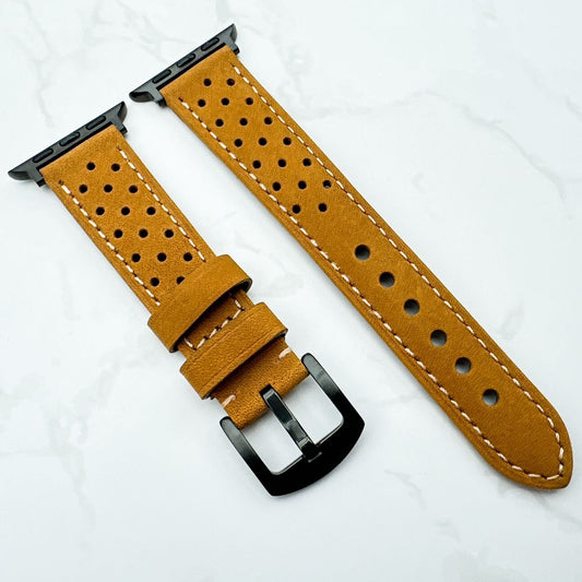 Rally Racing Leather Watch Strap For Apple Watch In Yellow Brown 2
