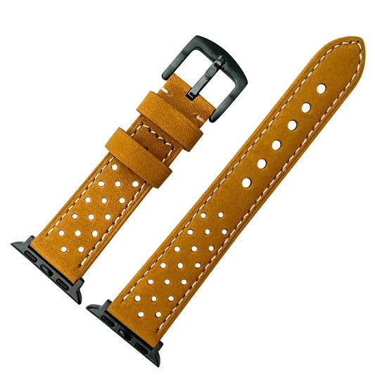 Rally Racing Leather Watch Strap For Apple Watch In Yellow Brown The Thrifty Gentleman