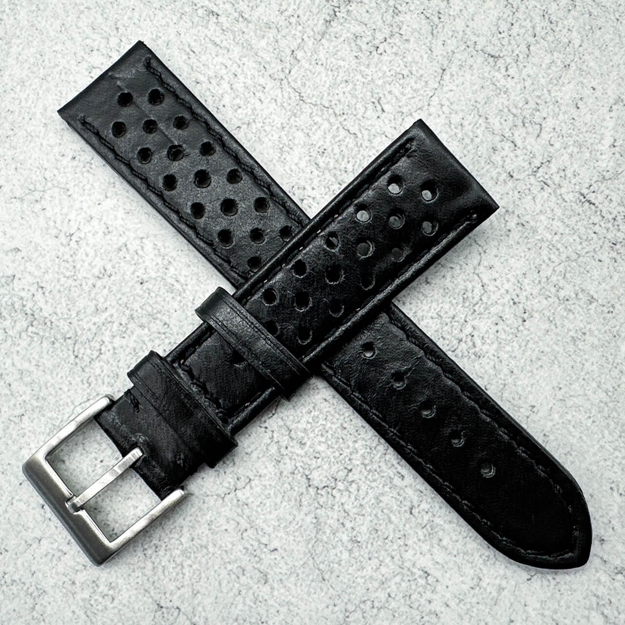 Rally Racing Perforated Cowhide Leather Watch Strap Black 6