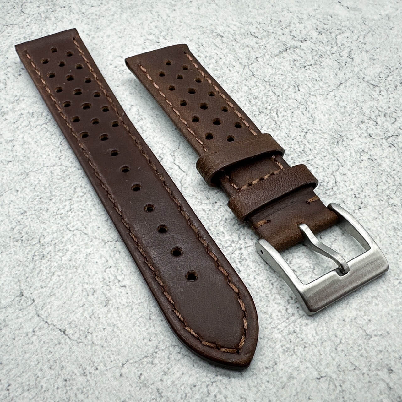 Rally Racing Perforated Cowhide Leather Watch Strap Dark Brown 4